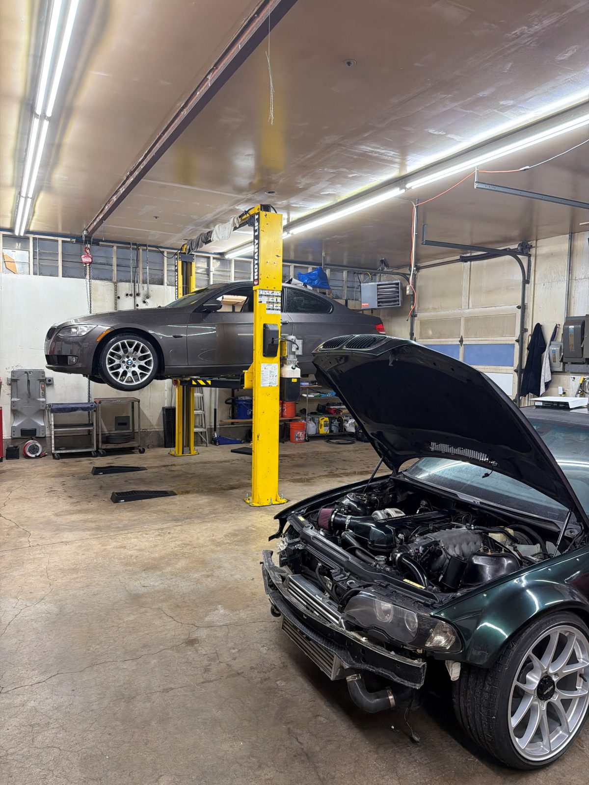 BMW E46 2JZ-swap full drift build on the lift — Blue Rocket Performance, Portland & Milwaukie Oregon