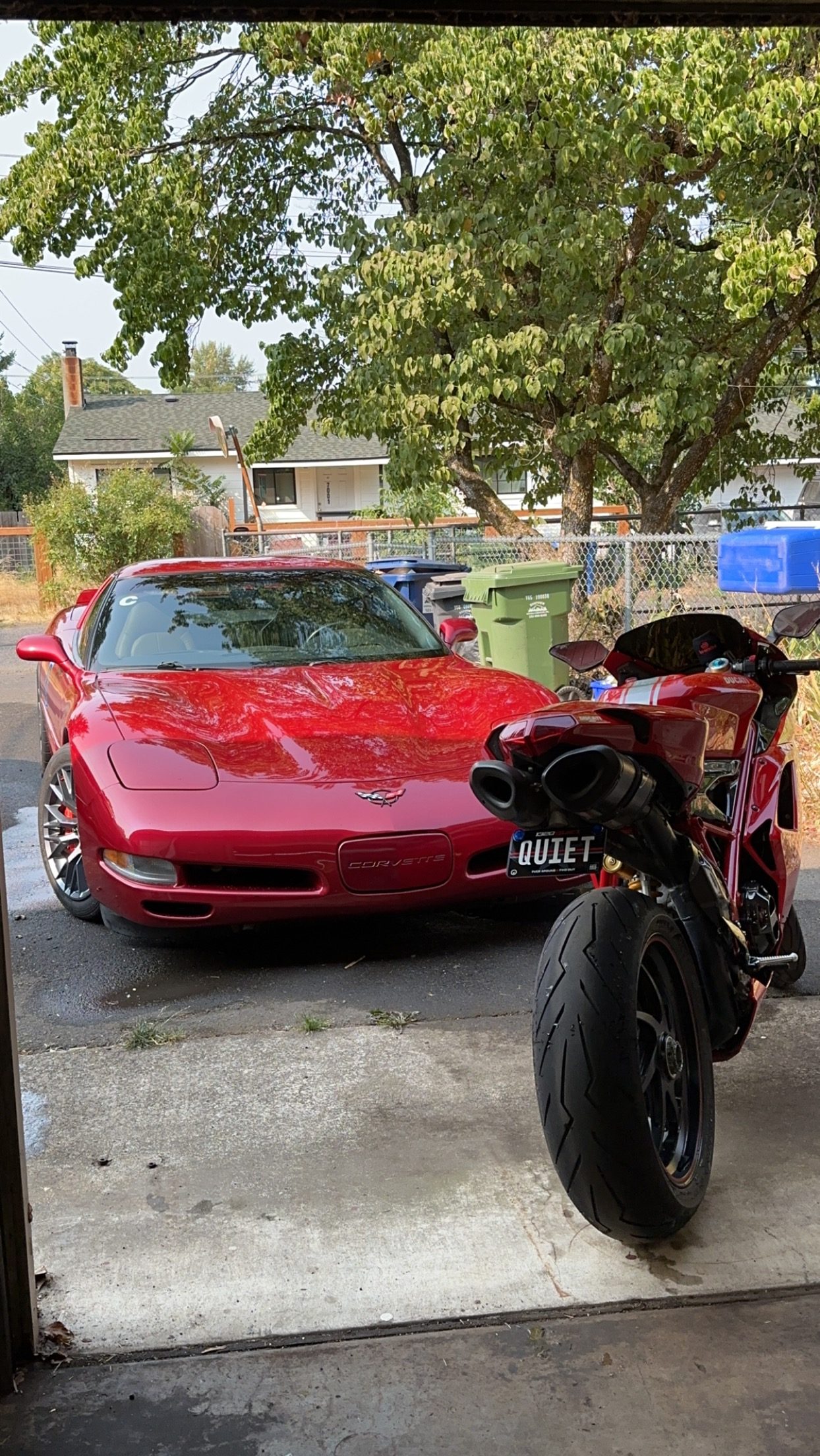 C5 Corvette and Ducati superbike at the shop — Blue Rocket Performance, Portland Oregon